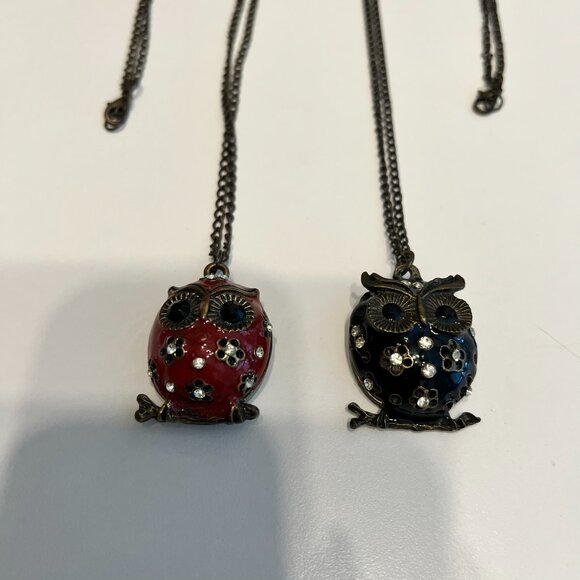 Vintage Black & Red Enamel & Rhinestone Owl Necklaces (2 Piece) SO CUTE! - Picture 3 of 6